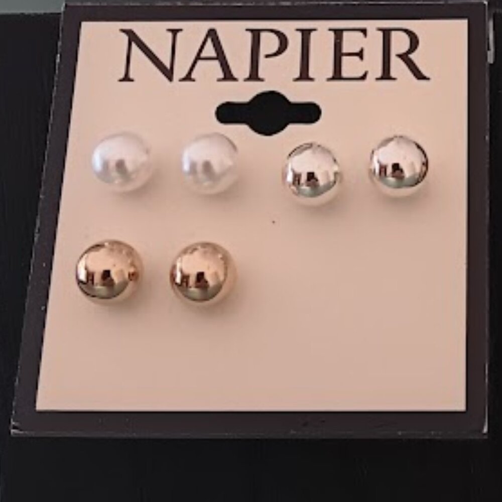 NAPIER 3pc SET Contemporary White Pearl + Gold & Silver Ball Stud Earrings**NEW!